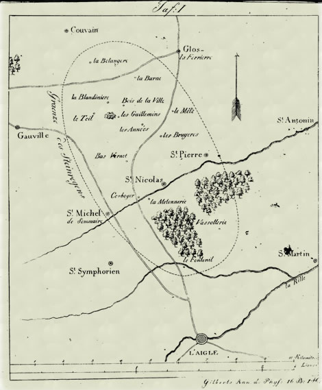 L'Aigle strewn field map from J. B. Biot's legendary report