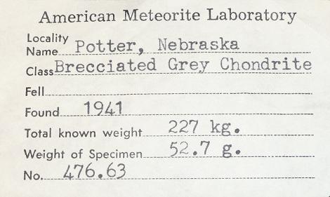American Meteorite Label for specimen # 476.63