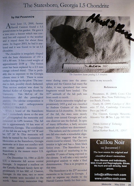 May 2004 Meteorite Magazine article, signed by Mr. Cannon