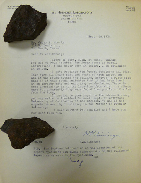 Letter to Monnig from Harvey Nininger regarding the Deport meteorite